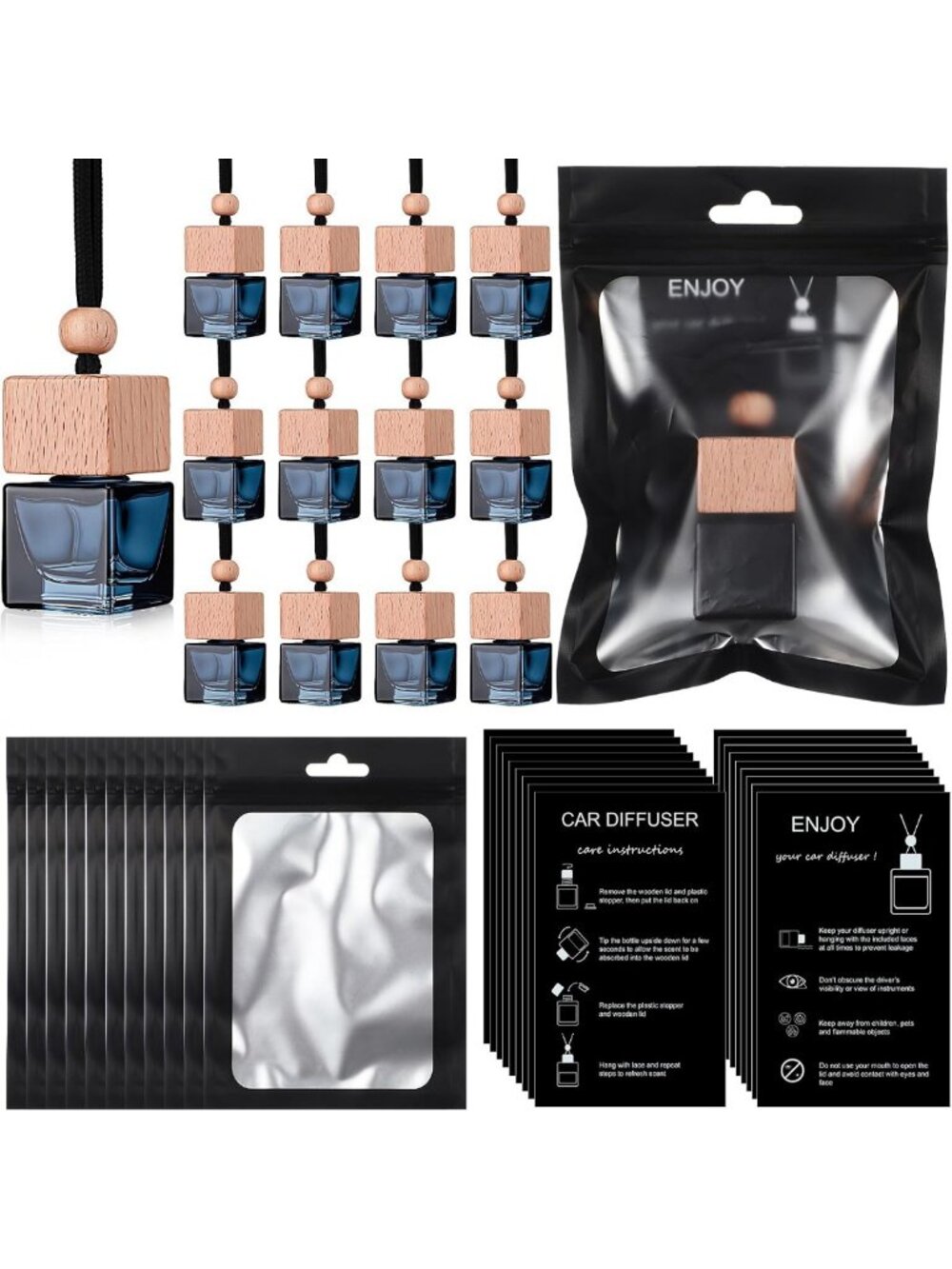 50 Sets Hanging Car Diffuser Bottles - Empty Glass Cube Aromatherapy Bottles